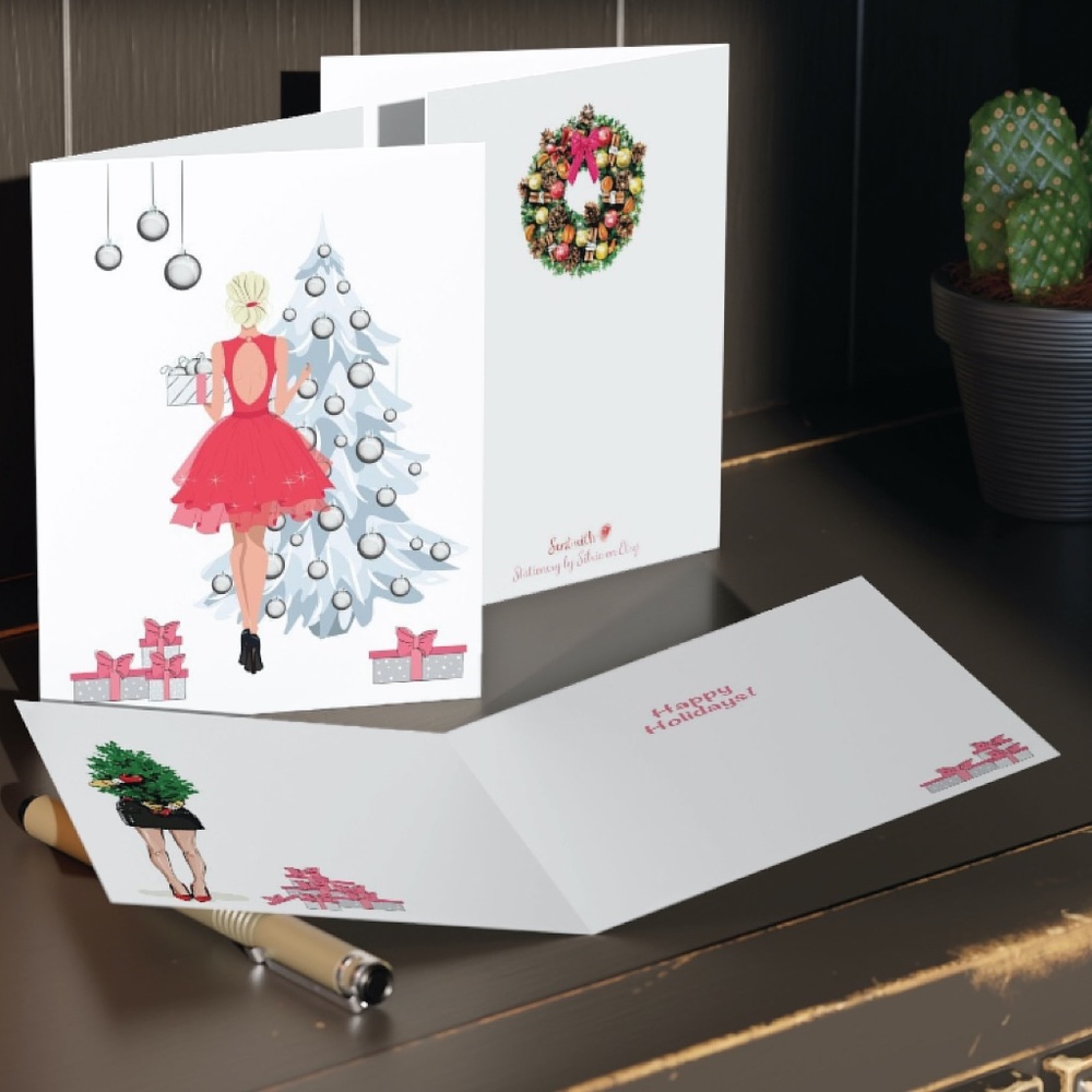 x2 Fashion Girl Christmas Cards Fashion Girl Holiday Cards w/ Envelopes Stickers